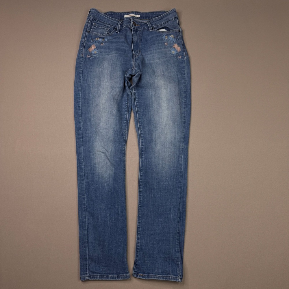 Levis Mid Rise Skinny Jeans Womens 31 Blue Floral Embroidered Medium Wash Denim